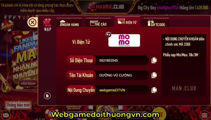 nạp tiền Manric